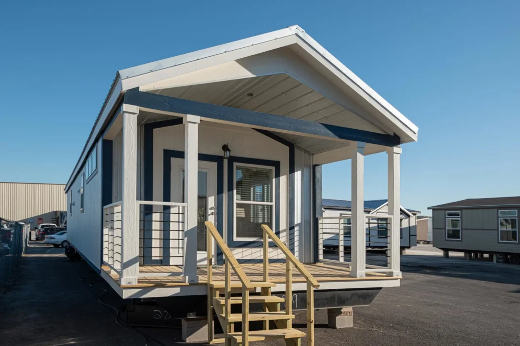 A modern tiny house with a covered porch sits on a paved lot under a clear blue sky. The home is white with navy accents, featuring wooden steps.