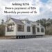 Tiny house on wheels with gray siding and multiple windows, situated on a gravel lot. Text above details sale price and payment terms. Cloudy sky behind.