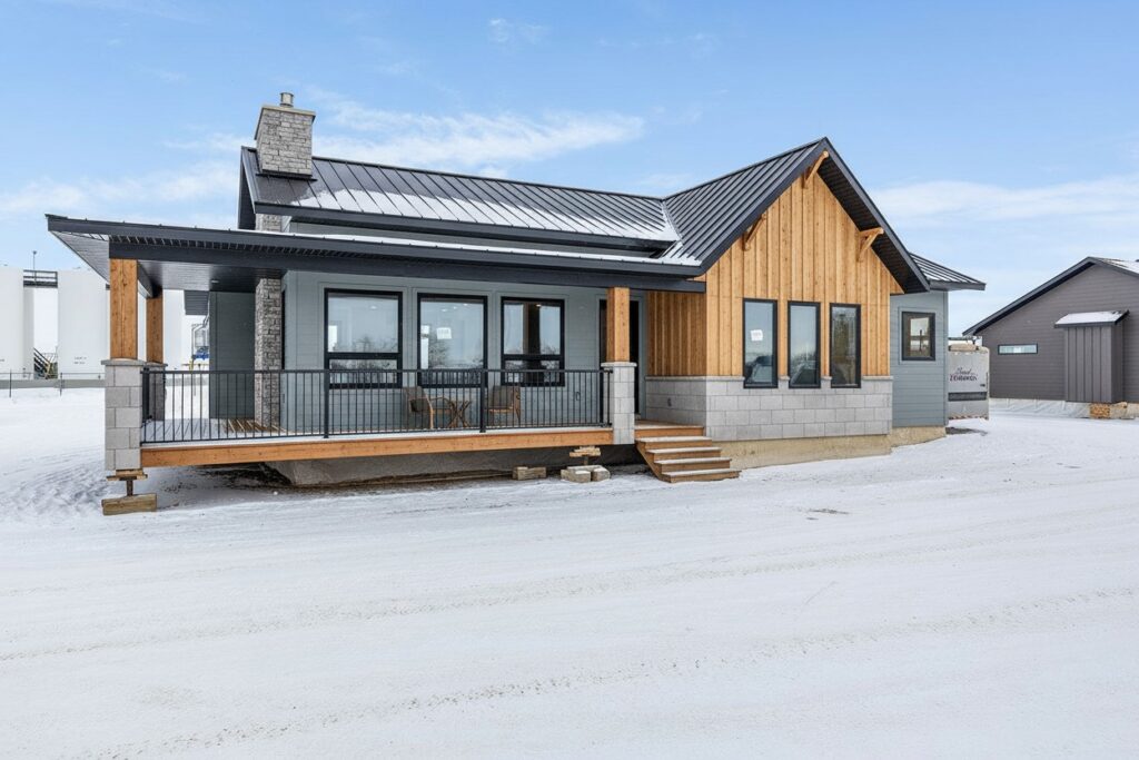 Modern house with a snowy exterior, featuring wood and stone accents, large windows, and a metal roof. The scene feels serene and minimalist.