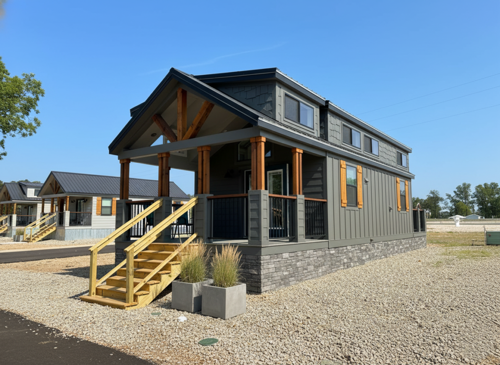Modern tiny house with gray siding, wooden accents, and a stone base. Features a front porch with stairs, surrounded by gravel and clear blue skies.