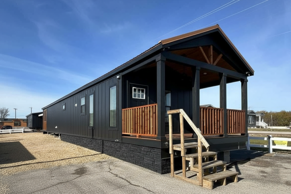 Dark brown tiny house with a pitched roof and wooden porch railing, set on a sunny day. Gravel and paved areas are around it, creating a rustic feel.