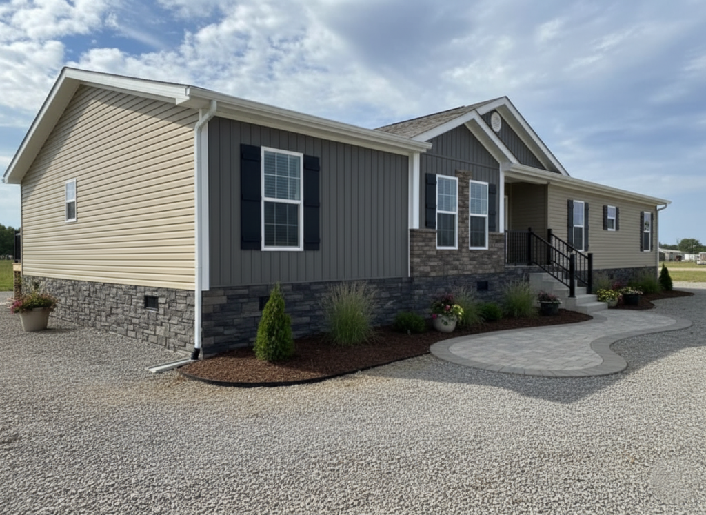 A modern, single-story home with beige siding, dark shutters, and stone accents. A paved walkway and landscaped garden enhance its welcoming entrance.