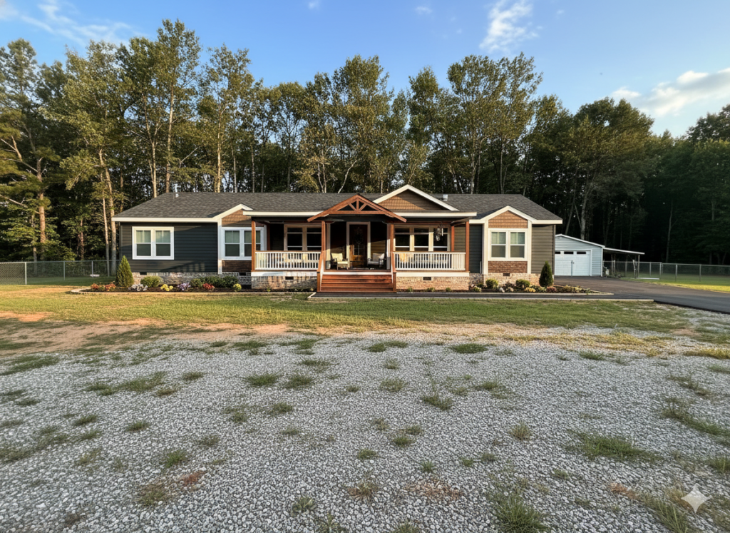 Single-story house with a gray facade and wooden accents, set against a backdrop of tall trees. A gravel driveway leads to a porch with seating.