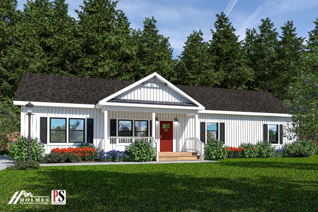 Single-story white house with a dark roof, front porch, and red door. Surrounded by lush greenery and vibrant flowers, with a forest backdrop. Calm and inviting.