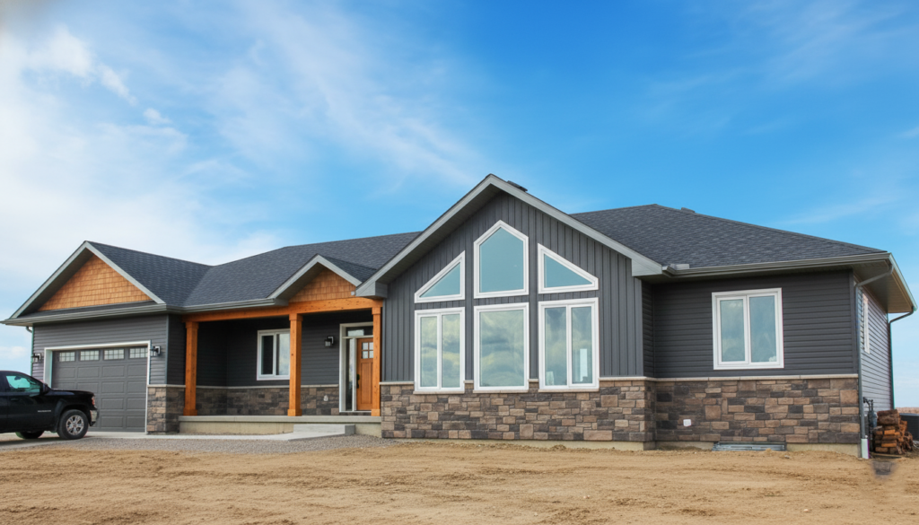 A modern single-story house with gray siding and stone accents under a blue sky. Features large triangular windows and a black truck is parked nearby.