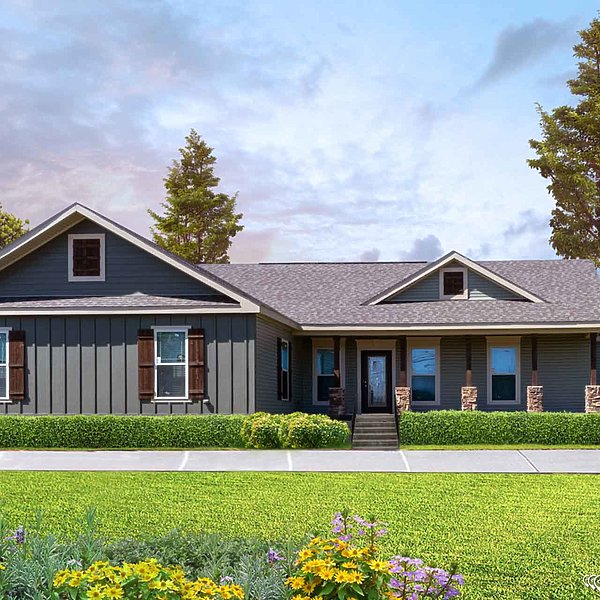 Single-story gray house with a gabled roof, surrounded by lush greenery and a vibrant flower garden. The scene conveys a peaceful, suburban setting.