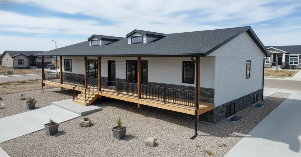Single-story house with white siding, black roof, and a wooden wraparound porch. Minimalist landscape with gravel and potted plants. Clear sky background.