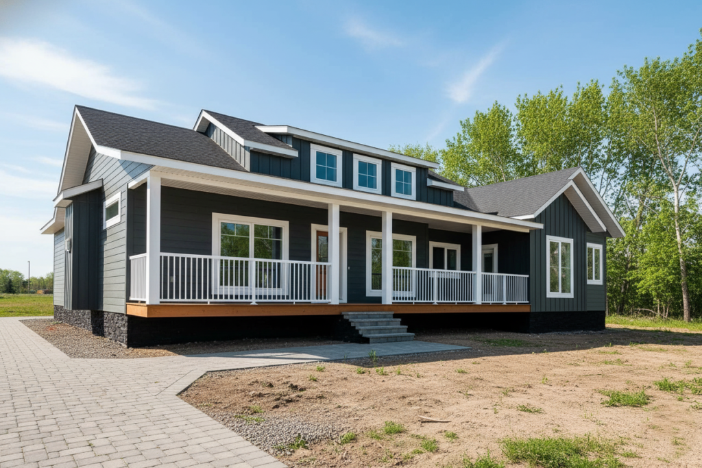 A modern single-story home with a dark exterior, white trim, and a large front porch. Set in a rural area with trees under a clear blue sky.