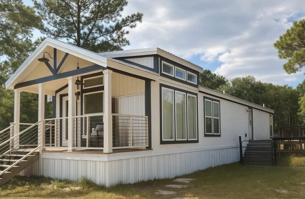 Modern tiny home with a gabled roof and large windows, surrounded by trees. The porch has railings, stairs, and a cozy, inviting feel.