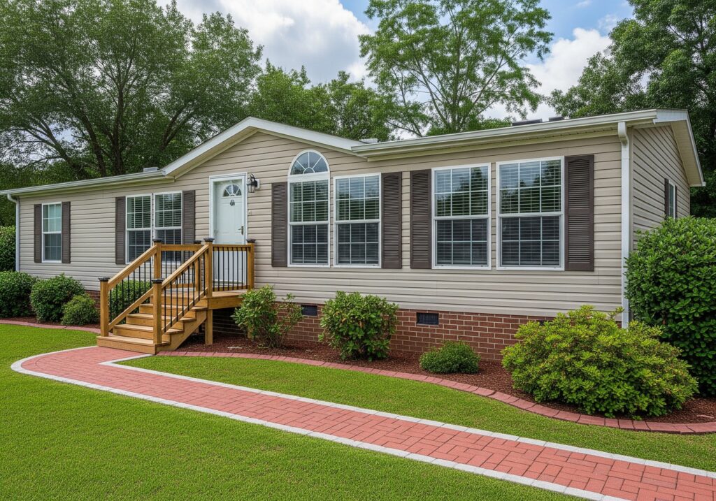 A beige mobile home with dark shutters, a small porch, and a red brick foundation. It's surrounded by green shrubs with a red brick walkway in front.