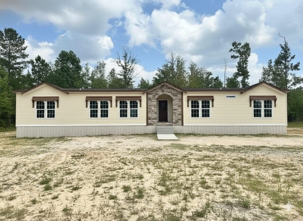 A beige prefabricated home with a stone entryway and large windows sits on a dirt lot. Surrounding trees under a partly cloudy sky add a serene backdrop.