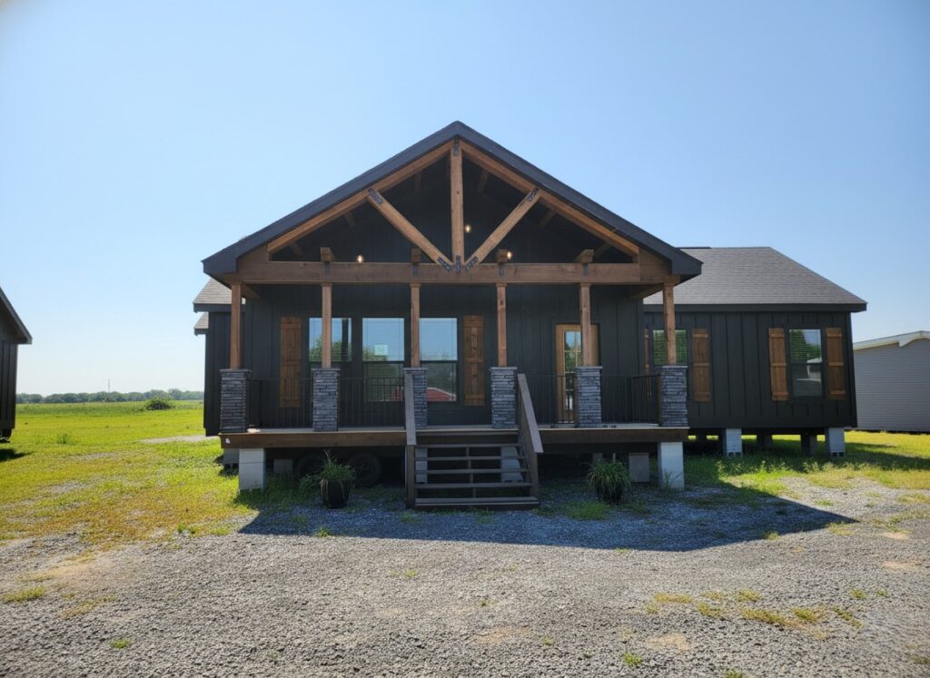 A modern cabin with a wooden porch and exposed beams sits on a gravel path, surrounded by green fields under a clear blue sky. The tone is rustic and serene.