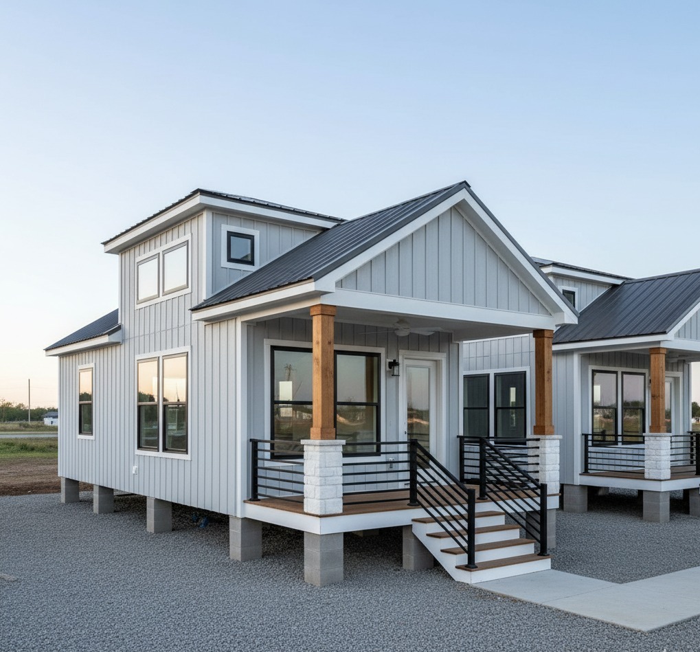 A modern tiny house with gray siding and black metal roof. It features a small porch with wooden columns, surrounded by gravel under a clear sky.