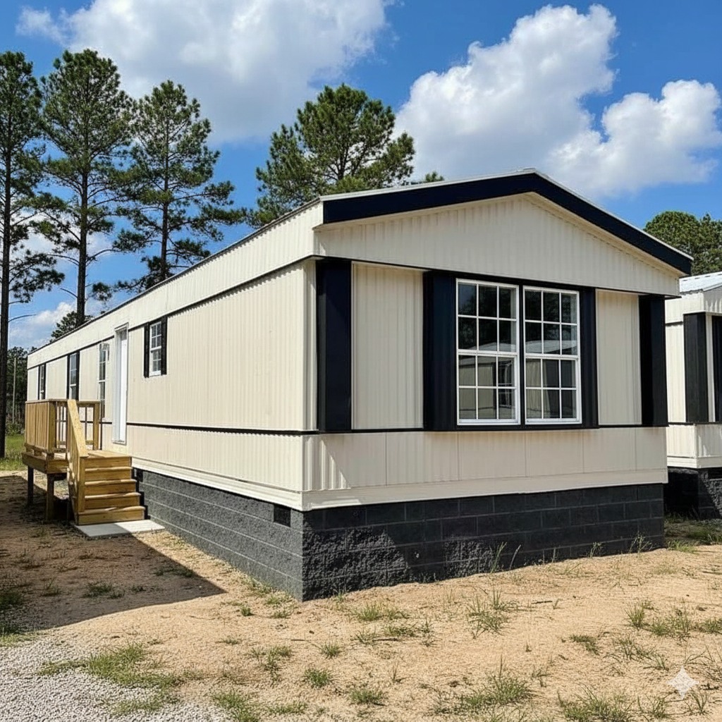 A beige mobile home with black accents sits on a sandy lot, surrounded by tall pine trees under a blue sky with clouds. The tone is serene and rural.