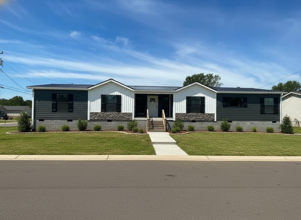 A modern, single-story home with gray and white siding, stone accents, and black shutters. It's set under a clear blue sky with trimmed green lawn.