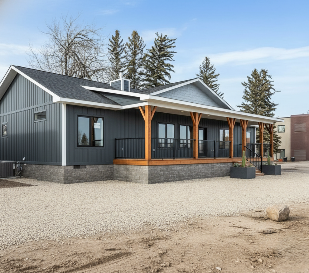Modern gray home with a black roof and wood accents, featuring a raised porch with railings. Surrounded by gravel with tall trees in the background.