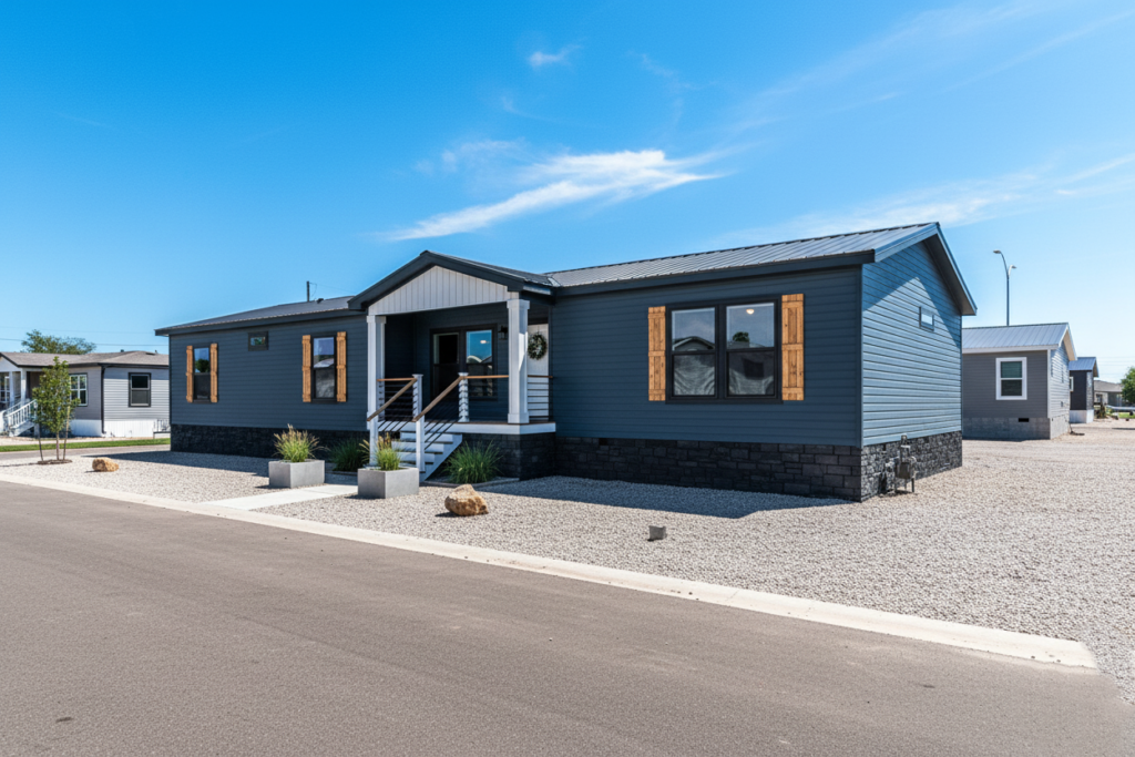 A modern, single-story manufactured home with blue siding and wood shutters sits on a gravel lot under a clear blue sky. Neatly landscaped with small shrubs.