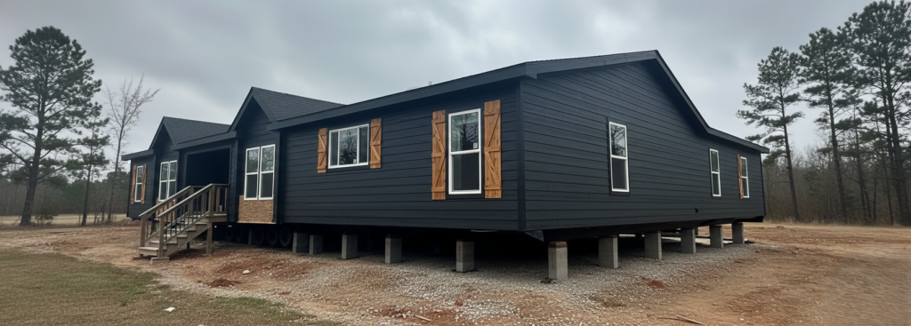 A dark gray, elevated modern house with wooden shutters stands on gravel. Overcast sky and pine trees in the background create a serene, rustic feel.