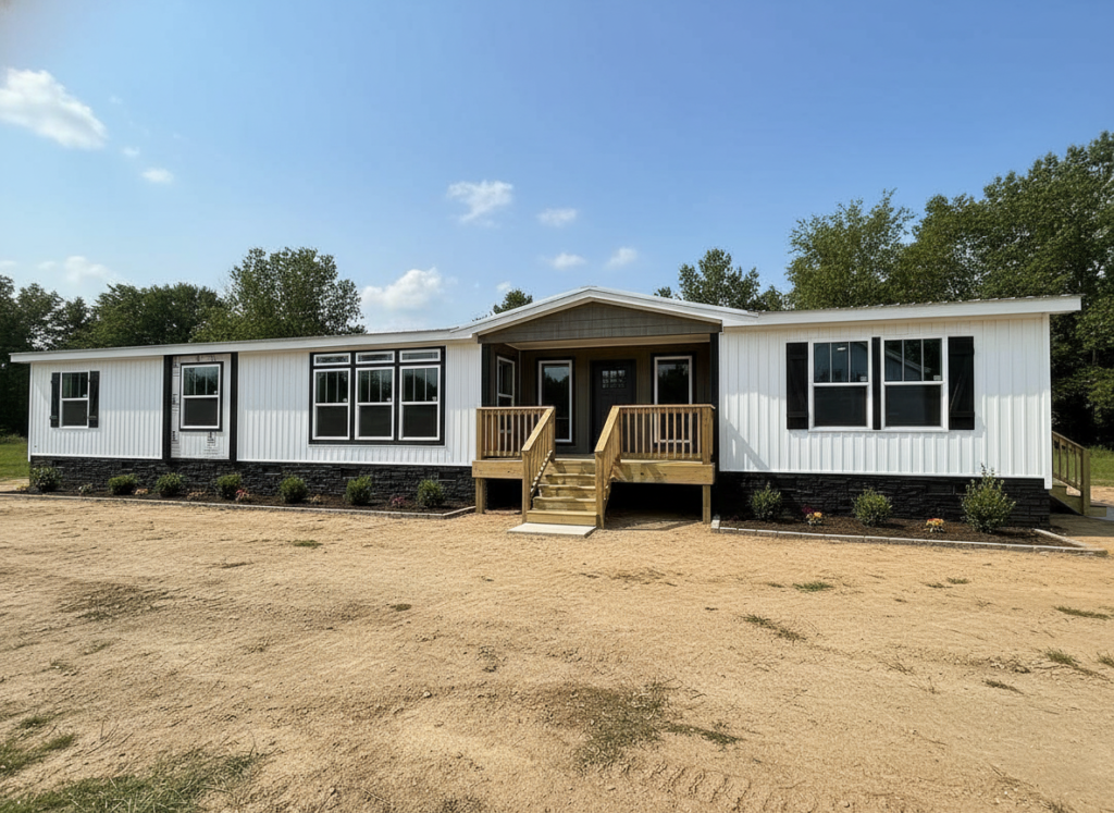A modern, white modular home with a wooden porch and stairs sits on a dirt yard. Large windows and a clear blue sky create a bright, inviting atmosphere.