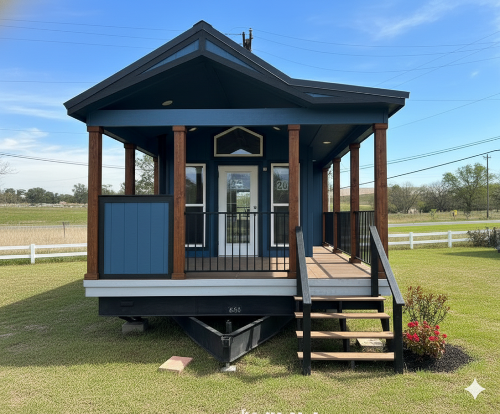 Tiny blue house with a front porch on wood pillars, set on a grassy field under a clear sky. There are steps leading up, and a small plant beside it.