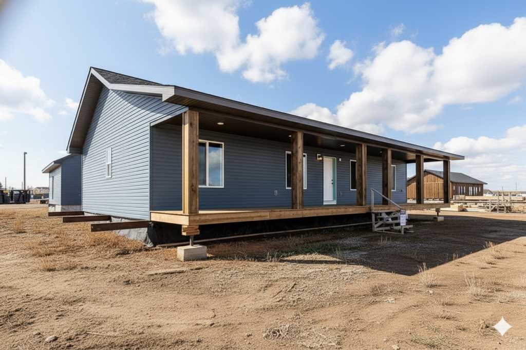 Modern blue cabin with wooden pillars and porch on barren land under a partly cloudy sky. The structure appears new and unoccupied, conveying tranquility.