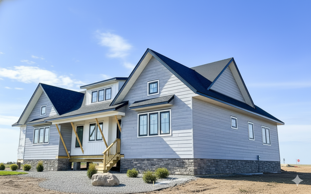 A modern house with light gray siding and a dark roof under a clear blue sky. Features large windows, a small porch, and sparse desert landscaping.