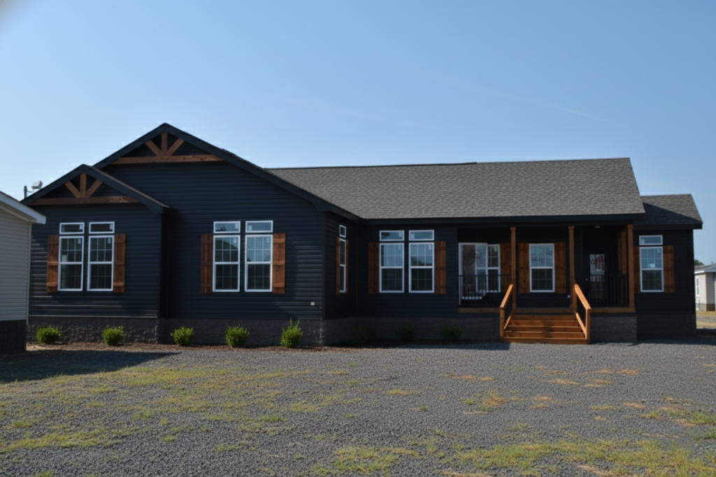 A single-story, dark-colored home with a gable roof and wooden shutters. Large windows align the front, and a small porch with steps leads to the entrance. Sparse greenery surrounds the home, situated on a gravel lot under a clear sky.