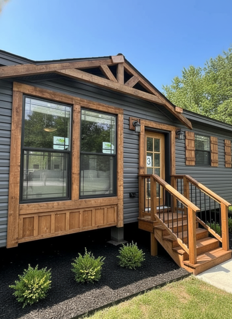 Modern gray tiny home with wooden accents, featuring a small porch and front steps. Two large windows with shutters add charm. Green shrubs line the walkway.