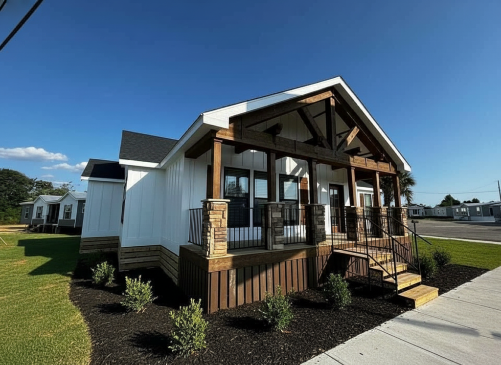 Cozy, modern tiny home with a wooden porch, white siding, and black accents. Surrounded by neat landscaping, against a clear blue sky.