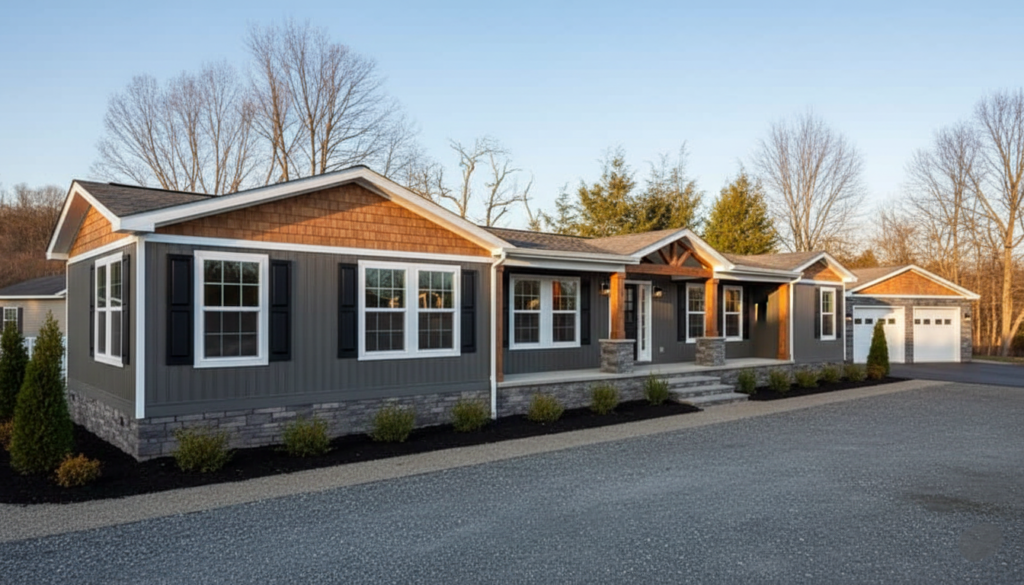 A modern, single-story home with gray siding, white-framed windows, and stone accents. Surrounded by manicured shrubs, it sits under a clear blue sky.