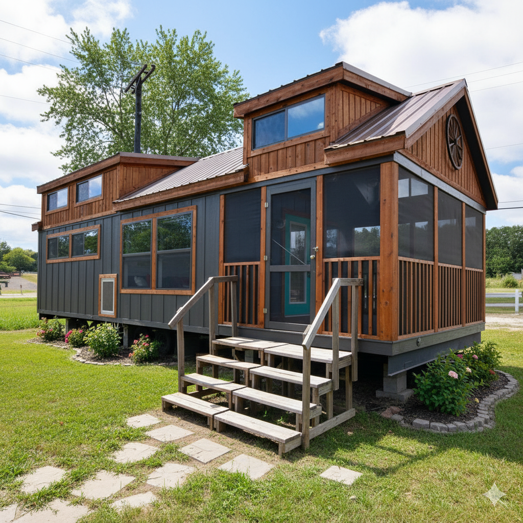 A rustic tiny house with wooden accents sits on a green lawn, featuring a front porch, large windows, and a wooden staircase. It conveys a cozy, inviting feel.