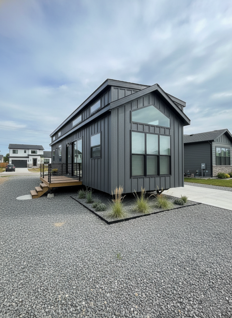 Modern tiny house with dark gray siding and large windows sits on gravel, bordered by grass. It has a small wooden deck, under a cloudy sky.