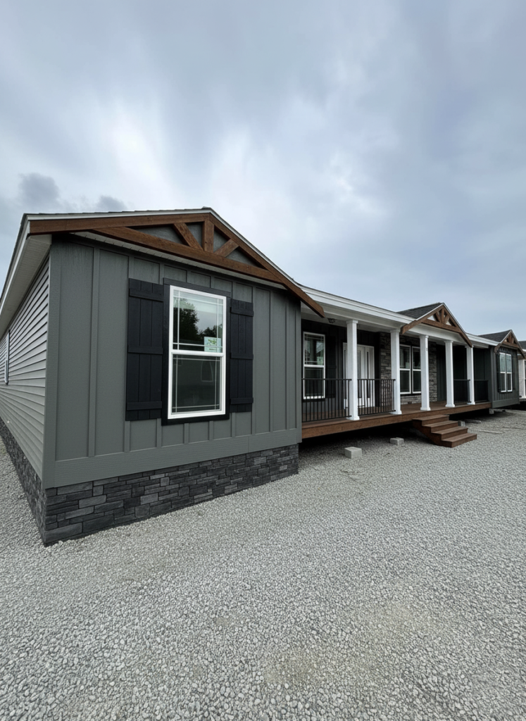 A modern manufactured home with a gray exterior, black shutters, white trim, and a small porch. Overcast sky-gray gravel surrounds the home, conveying a calm atmosphere.