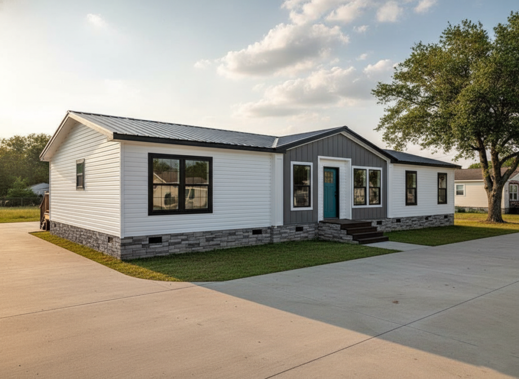 Single-story house with modern design features white siding, gray stone accents, and a teal front door. Set against a clear sky with a large tree nearby.