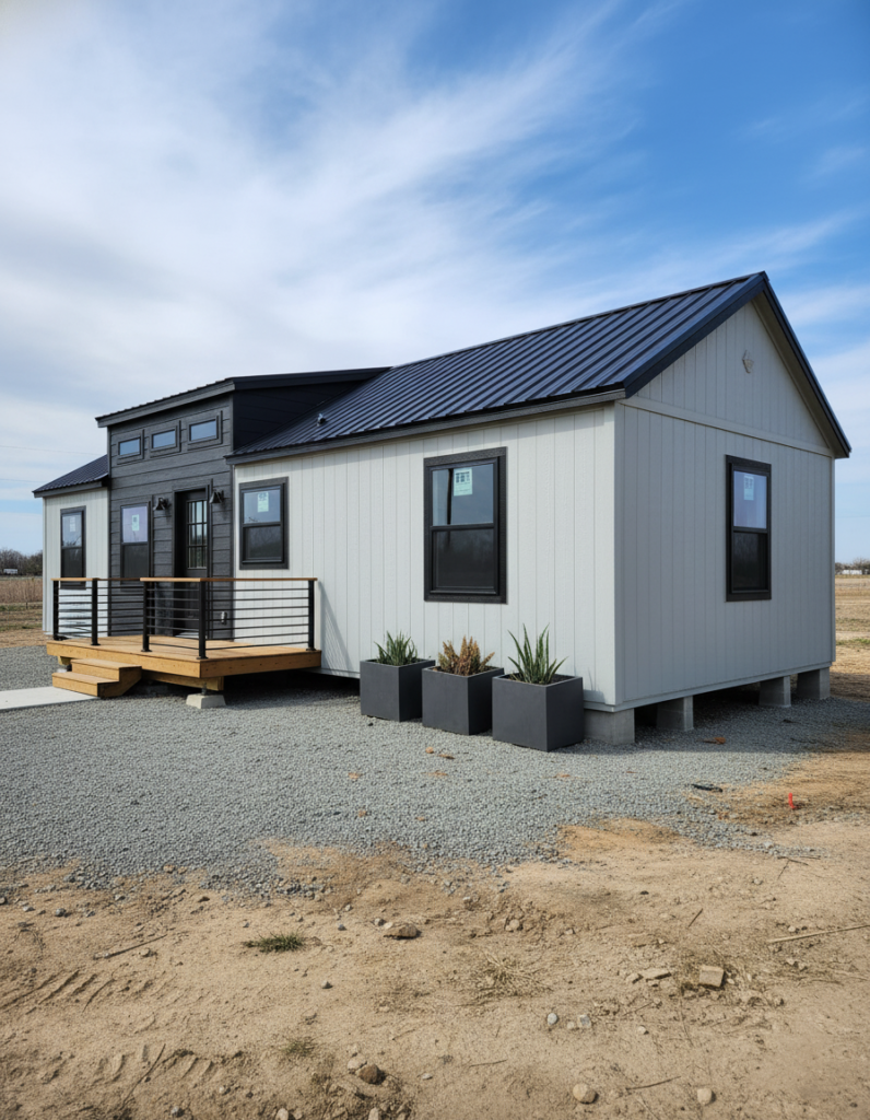 Modern tiny home with black roof and white siding, featuring a small wooden porch and potted plants. Set on gravel, under a clear blue sky.