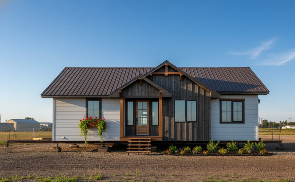 Small modern farmhouse with a metal roof, wooden accents, and white siding. A flowerbed with vibrant blooms lines the front, set against a clear blue sky.