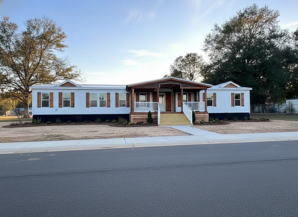 A modern manufactured home with a wooden porch and white railing sits against a clear blue sky. Surrounded by trees and a wide, newly paved street.